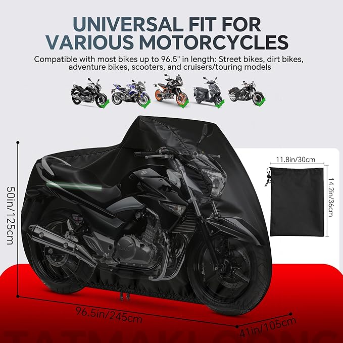 Motorcycle Cover, 420D Outdoor Storage Waterproof All Season Sun Protection Night Reflective with Adjustable Windproof Buckle Storage Bag Universal Fit up to 96.5" Motorbikes Vehicle Cover