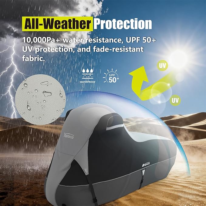 YSPACE 600D Heavy Duty Motorcycle Cover, All Season Waterproof, Sun Windproof Protection, Universal Fit for 96" XXL Vehicle Cover, Night Reflective Strips, Black/Gray