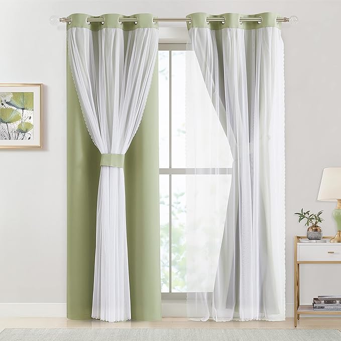 Bujasso Sage Green 90% Blackout Curtains with Sheer Overlay Mix and Match Double Layer Thermal Insulated Window Panels 84 inch Living Room Bedroom Green Drapes with Tiebacks Grommet Top 37" Wx84 Lx2