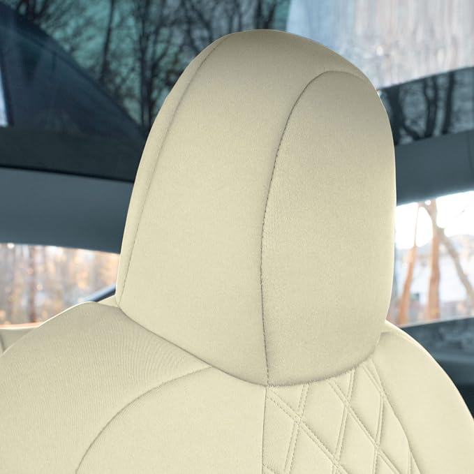 FH Group Custom Fit Car Seat Covers Specifically Made for 2020-2025 Tesla Model Y Ultraflex Neoprene Water Resistant Automotive Seat Covers - Full Set Solid Beige