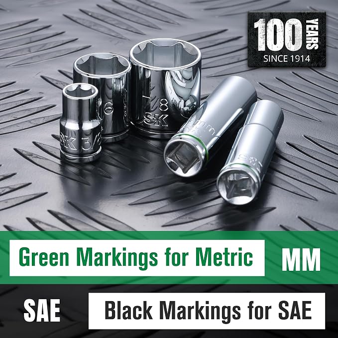 SK 3/8" Drive Socket Set, SAE Sockets, 13-Piece, 1/4" to 1", SuperKrome Finish, Premium CR-V Construction, with Aluminum Socket Organizer