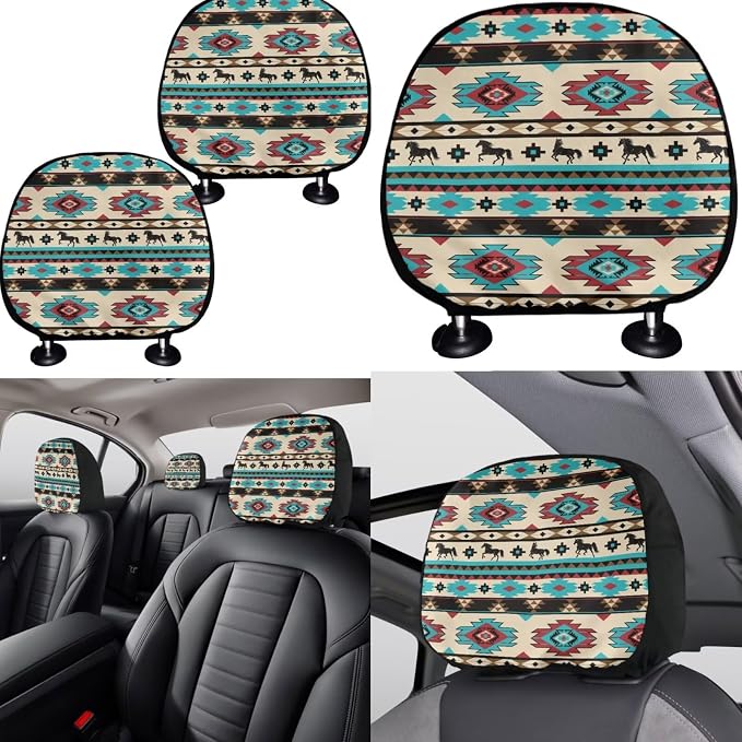 KEIAHUAN Tribal Aztec Horse 11 Piecce Car Seat Cover Full Set Front and Rear Split Bench Auto Seat Covers Handbrake Cover &Gear Shift Knob Cover Headrest Cover Coasters Women Men