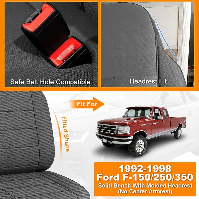 Seat Cover Compatible with 1992-1998 Ford F150/F250/F350 Solid Bench with Molded Headrest (No Center Armrest), Heavy Duty Knitted Fabric