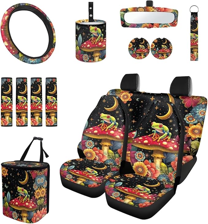 Moon Mushroom Frog Car Seat Covers Set of 15 with Universal Steering Wheel Cover, Rearview Mirror Cover, Car Trash Can, Seatbelt Pads, Cup Holder Coasters, Keychains