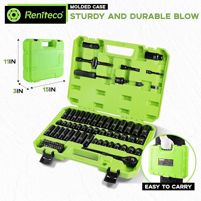 Reniteco 95-Piece 3/8" Socket Set, SAE (5/16"-3/4") & Metric (8mm-22mm), Ratchet Handle, Extension Bar, Adapter, Universal Joint, Power Drill Adapter, Screwdriver Bit, Spark Plug Socket