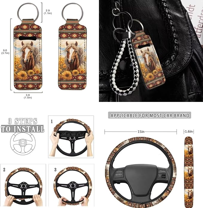 Aztec Horse Sunflower Car Seat Covers Split Seat Cover 11Pcs Horse Car Accessory Interior Full Set with 15Inch Neoprene Steering Wheel Cover Seatbelt Pads Lanyard Keychain Seatbelt Pads
