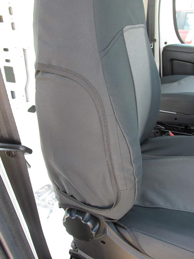Durafit Seat Covers. D1338-C8. Made to fit 2013-2024 Promaster Van Exact Fit Front Bucket Seat Covers, Gray Waterproof Endura, Sold in Pairs Not for Rv Seats, armrest on Drivers only.