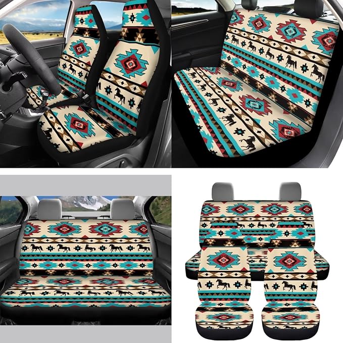 Tribal Geo Car Accessories Car Seats Cover Protector, Steering Wheel Covers, Seatbelt Cover, Car Trash Can, Cup Coasters, Rearview Mirror Cover, Keychains, Pack of 15
