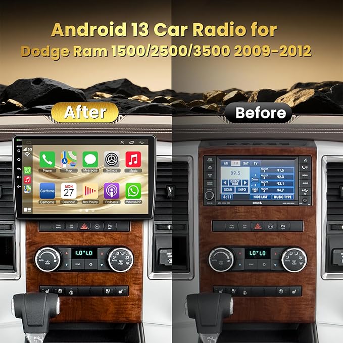(8Core + 64GB) 10.2 Inch QLED Touch Screen Car Radio for Dodge RAM 1500 2500 3500 2009 2010 2011 2012 with Carplay and Android Auto, Support Bluetooth,WiFi,GPS,FM Radio,Backup Camera & SWC