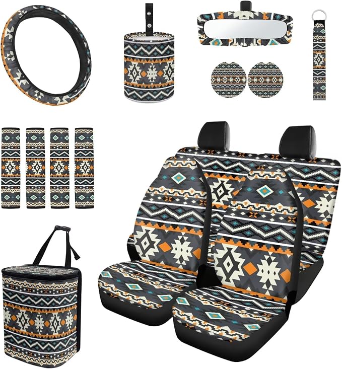 Native Geo Car Seat Covers Set of 15 with Universal Steering Wheel Cover, Rearview Mirror Cover, Car Trash Can, Seatbelt Pads, Cup Holder Coasters, Keychains