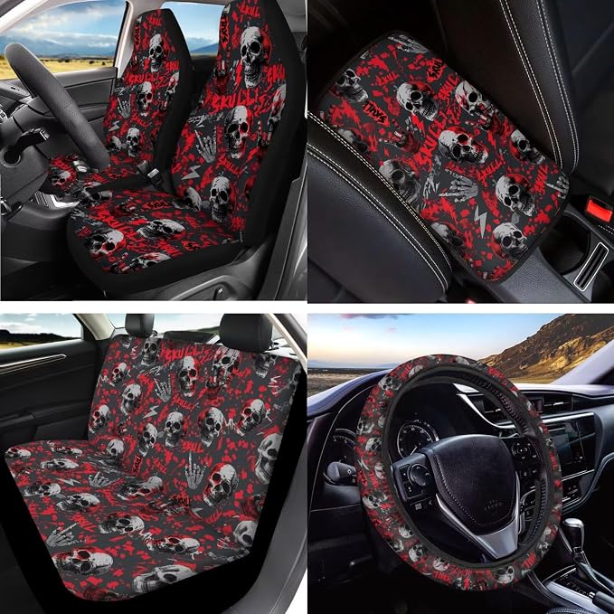 Skull Skeleton Print Car Seat Cover Full Set with Steering Wheel Covers Auto Seat Belt Pads Car Armrest Pad Car Rear View Mirror Protector Universal Fits, 15 Pack, Red