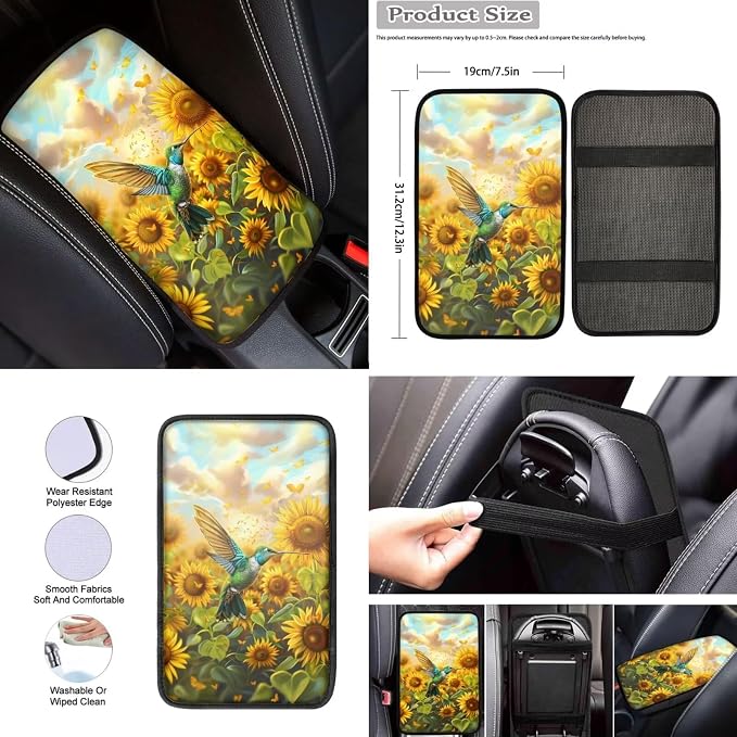 Hummingbird Sunflower Automotive Seat Covers for Women,Yellow Flower Steering Wheel Cover Seat Belt Pad Armrest Pads Car Coasters,12Pcs Hummingbird Car Accessory Protector