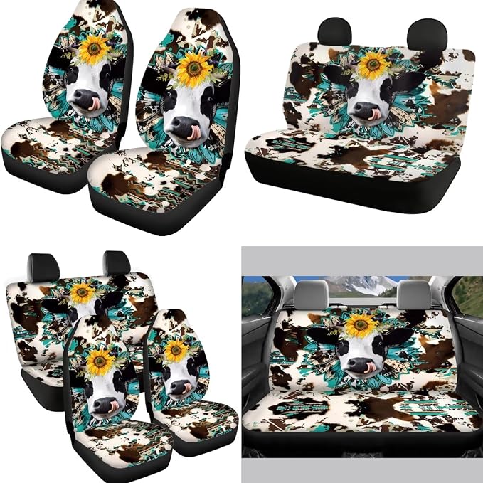 Cow Car Seat Covers Full Set,12Pcs,Sunflower Western Cow Car Seat Protectors,Universal Fit Front Back Seat Cushion/Seatbelt/Steering Wheel Cover/Anti Slip Coaster/Keychains for Cars SUV Truck
