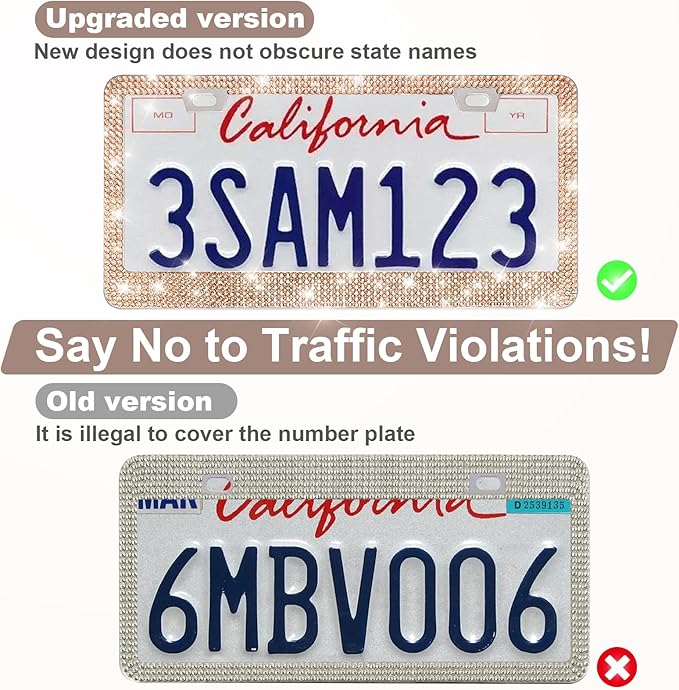 QUANQIUFEI 2 Pack Bling License Plate Frames for Women, Sparkly Rhinestone Diamond Car Accessories with Glitter Crystal Caps (Champagne)