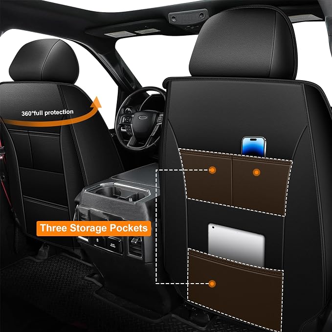 Front Seat Covers for Ford F150 2009-2024 2025 2026 - F250/F350/F450 2017-2024 2025 2026: Custom Faux Leather Truck Seat Covers Car Cushion (2 PCS Front,Black)