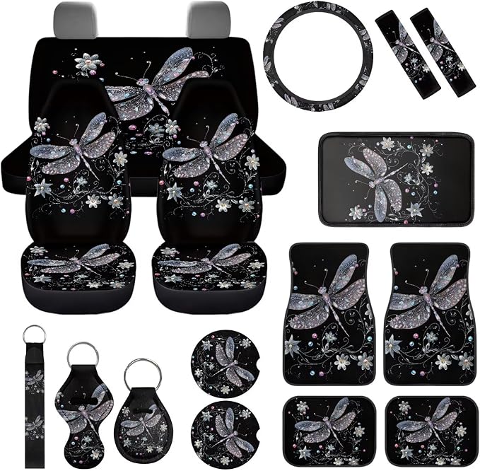 Dragonfly Car Accessories Set 17 Pack Starry Sky Dragonfly Car Seat Covers Full Sets with Vehicle Front Rear Carpets Mats Seat Belt Shoulder Pad Steering Wheel Covers Car Interior Supplies
