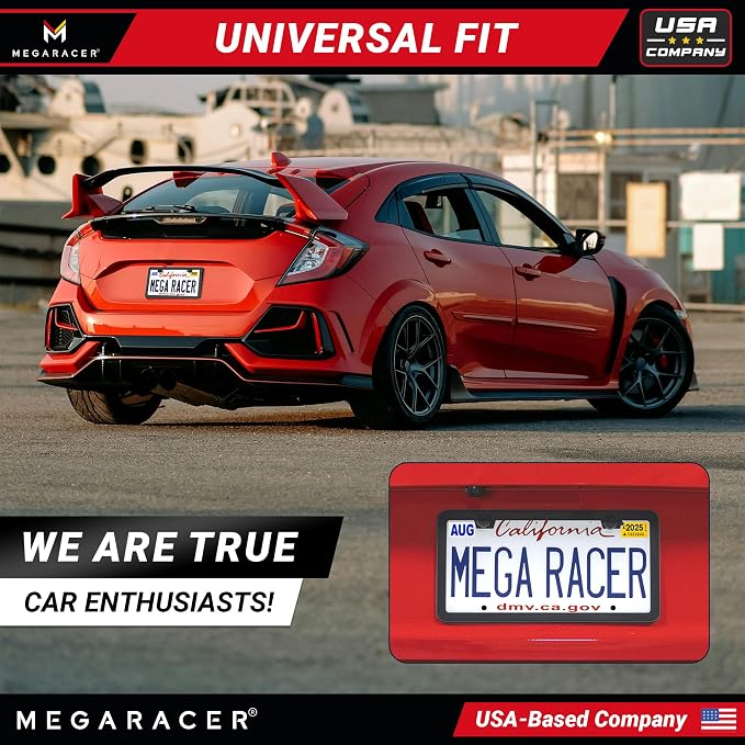 Powder-Coated Matte Black Thin License Plate Frame – 1 Piece, Car Wash Proof Stainless Steel, Rust-Free, Rattle-Free, Street Legal, Slim 2 Hole with Screw Caps, Gloss Metal Front or Rear Tag Holders