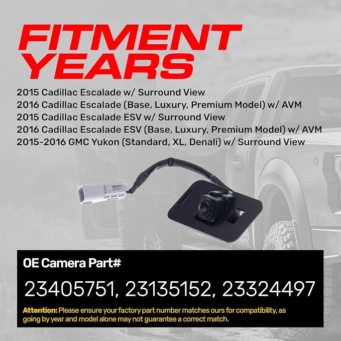 Master Tailgaters Replacement for Cadillac Escalade/Escalade ESV w/Surround View (15), w/AVM (16) / GMC Yukon/XL/Denali w/Surround (15-16) Backup Camera OE # 23405751, 23135152, 23324497