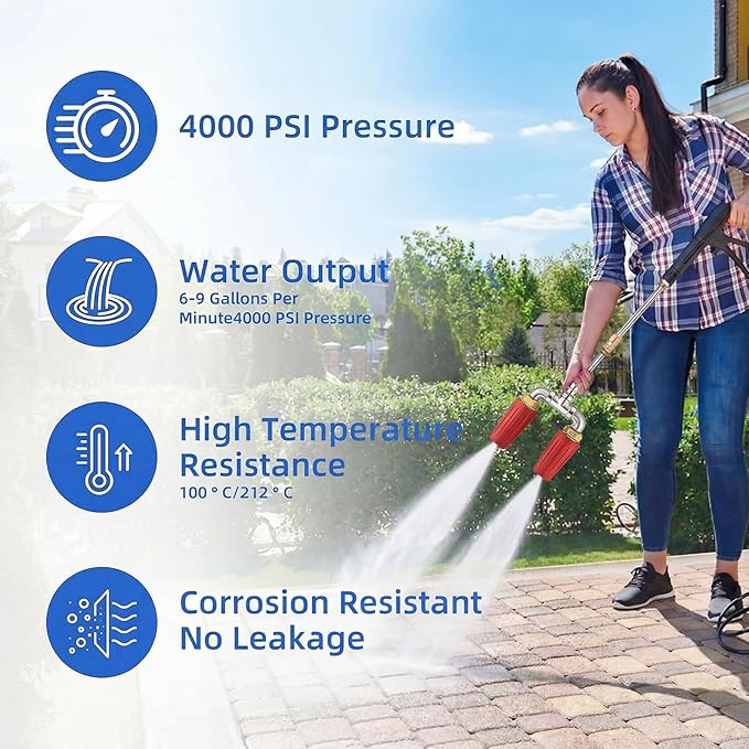Dual Turbo Nozzle Pressure Washer, Dual Pressure Washer Nozzle, 360° Rotating 4000 PSI Turbo Nozzle with 1/4" Quick Connector 2.0 Orifice, 304 Stainless Steel for Driveway/Deck Clean(Red)