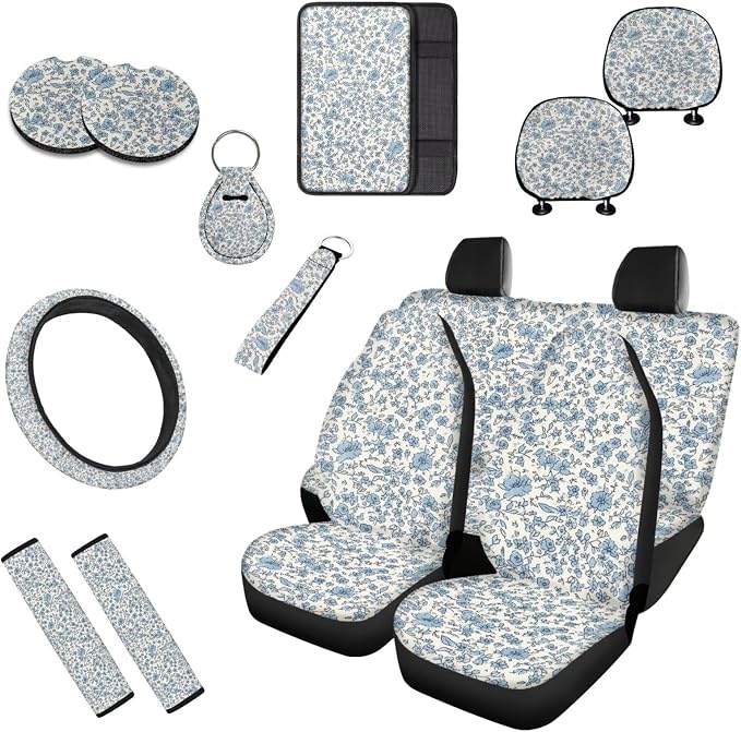 Blue Flower 13 PCS Car Seat Cover Classical Rural Blue Flower Set Seatbelt Pad Armrest Cushion Keychain Cup Holder Coaster Decor Hand Drawn Floral Accessory Fit Trucks SUV
