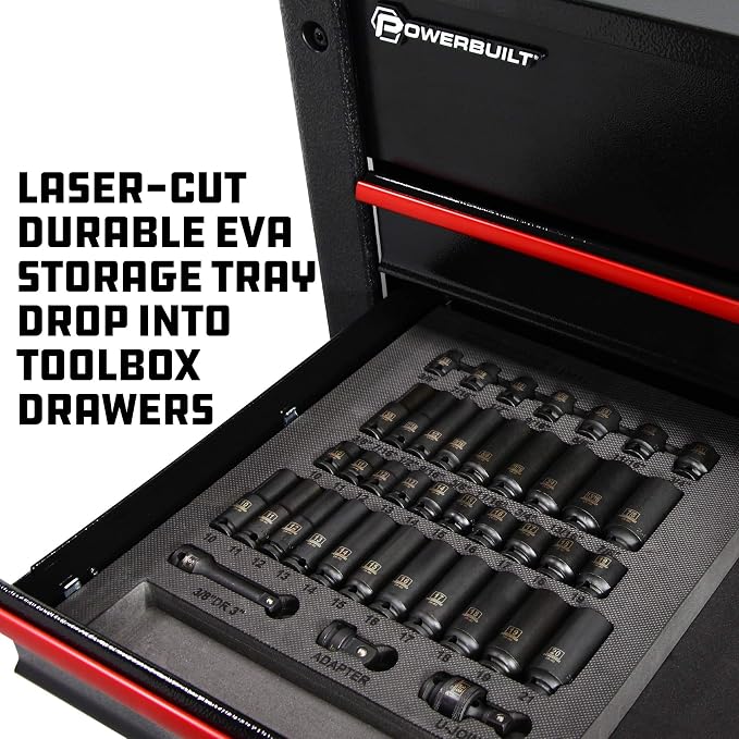 Powerbuilt 40 Piece Impact Socket Set, 3/8 Inch Drive, 6 Point Z-Drive, SAE and Metric Sockets, Tool Organizer Tray, Pro Tech Series Black 949011