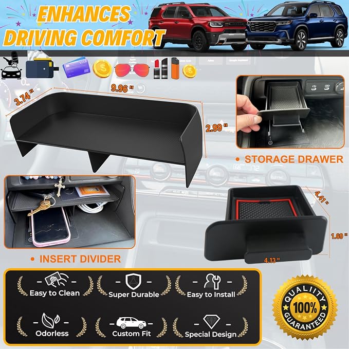 Upgrade Center Console Organizer for 2026 Honda Passport/2025 2024 2023 Honda Pilot Accessories - Extra Secret Storage Drawer Tray & Secondary Storage Box Insert Divider (Not for Ridgeline)