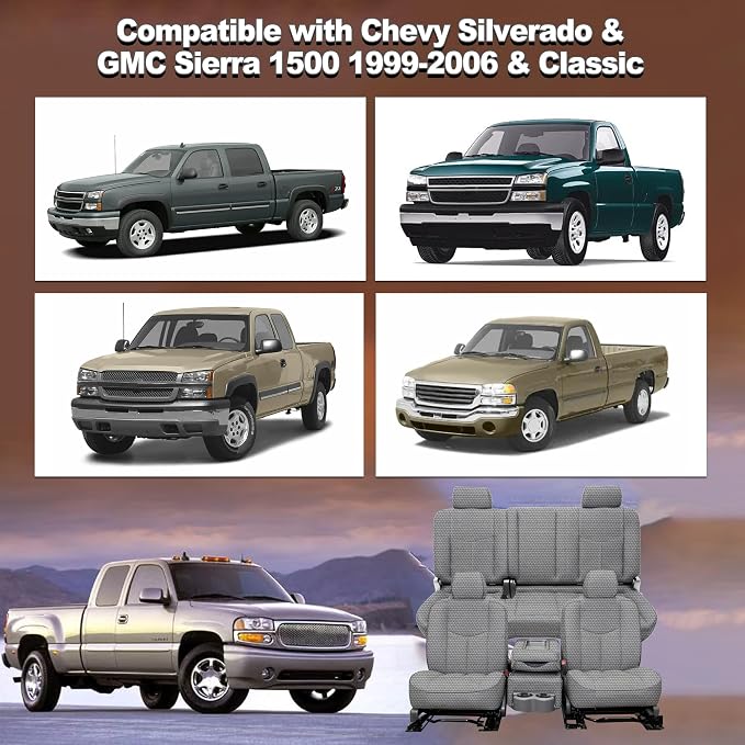 Seat Covers for Chevy Silverado & GMC Sierra 1500 1999 2000 2001 2002 2003 2004 2005 2006 Heavy Duty Cloth Protector Interior Accessories，Waterproof & Machine Washable-Gray (Full)