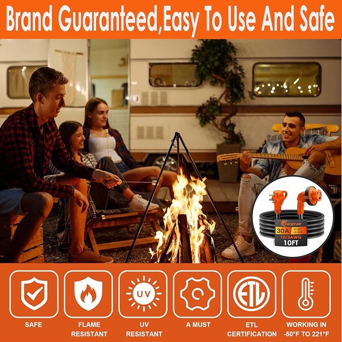 30 Amp RV Extension Cord,10 ft,Heavy Duty Generator Extension Cord with LED Power Indicator,30 AMP Female 90° Twist Lock Adapter with Reverse Polarity Lamp,NEMA TT-30P to L5-30R,120V/125V