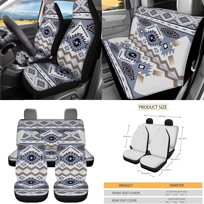 Dreaweet Tribal Navajo Car Seat Covers Full Set Grey Native American Steering Wheel Cover Seat Belt Pads Trash Bag Air Vent Storage Pouch Rea rview Mirror Cover Coaster Keychain,15 Pcs,Universal Fit
