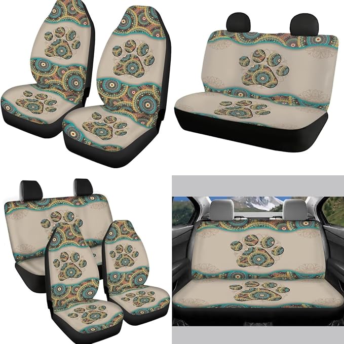 Bohemian Dog Paw Auto Seat Covers Full Set 12pcs Universal Fit Seat Protectors Accessory,Dog Paw Steering Wheel,Seatbelt Pads,Keyring,Cup Mat for Vehicle,Pet Owner Car Interior Set Decor
