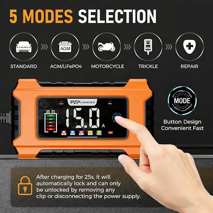 PZP 15-Amp 12V/24V Smart Battery Charger, Maintainer & Trickle Charger for LiFePO4, Lead Acid Batteries - Fully Automatic 9-Stage Charging w/Temp Compensation for Motorcycle Car Truck Lawnmower Boat