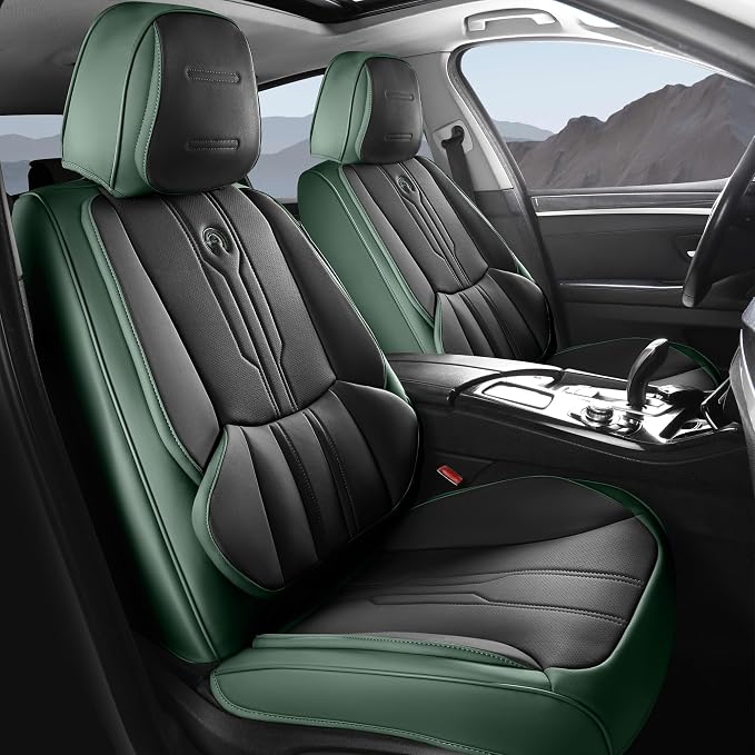 AOOG Seat Covers Custom Fit for Dodge Ram 1500/2500/3500 2002-2026 Faux Leather Seat Cover Set Compatible with Crew, Regular, Quad, Mega Cab, Car Truck Cushions(Blackgreen, Flat, Full Set)