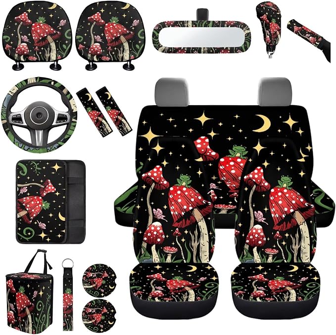 17Pcs Mushroom Car Seat Covers Set for Front and Rear Full Set,Starry Sky Mushroom Car Accessories for Women with Shoulder Pad,Car Seat Head Rest Protector for Auto Front Seat Rest Decor