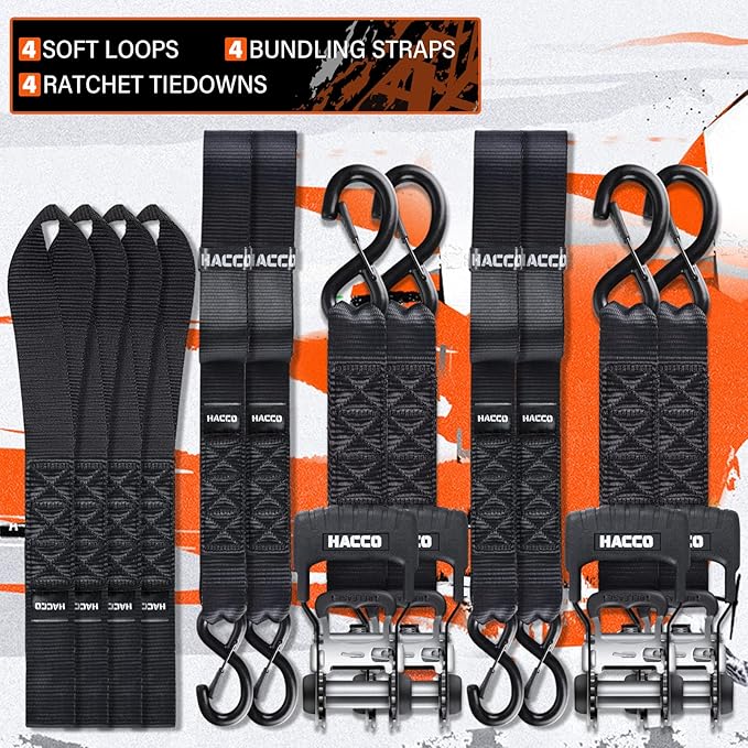 HACCOPLANET Ratchet Straps, 5280lb Break Strengeth, 1.6" Heavy Duty Ratchet Tie Down Strap Set w/Padded Handle, S Hook, Soft Loop for UTV Motorcycle Truck Cargo Straps (Black, 16FT)
