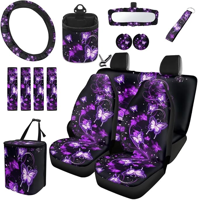 Dreaweet Purple Butterfly Car Seat Covers Full Set for Women Car Accessories Seat Cover Steering Wheel Cover Seatbelt Covers Car Coasters Garbage Bin Rear View Mirror Cover Keychain Air Vent Pouch