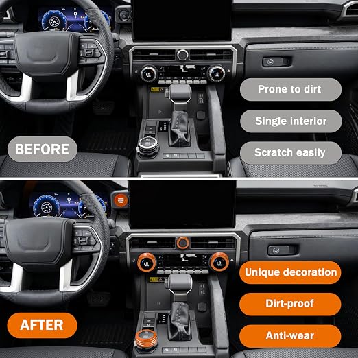 Knob Covers for Toyota Tacoma Accessories 2024 2025 2026 8" or 14" Touchscreen Air Conditioner Engine Start Stop Button Ring Drive Mode Switch Audio Center Console Button Knob Cover 7 Pcs (Orange)