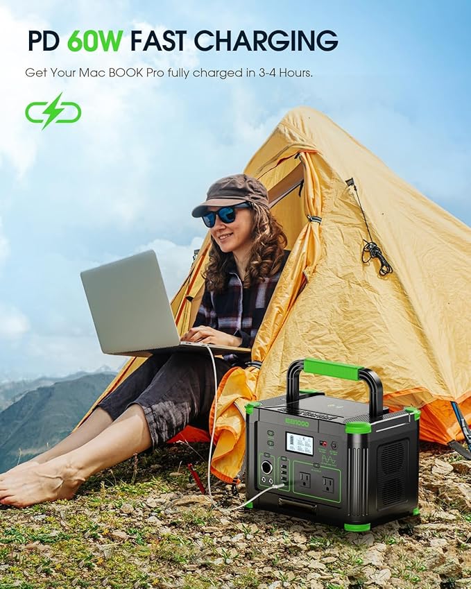 1000W Portable Power Station 999Wh, 110V Pure Sine Wave AC Outlet (2000W Peak), 60W PD USB-C & 10 Ports, Solar Generator for Home Backup, Outdoor Camping, RV, Emergency, Off-Grid Living