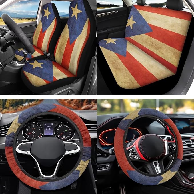 Vintage Puerto Rico 12 Pack Car Seat Covers Full Set with Auto Seat Belt Cover Car Armrest Cushion Cars Cup Coasters Steering Wheel Cover Universal Fit Most Cars SUV
