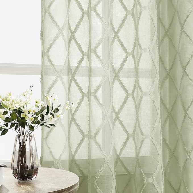 Sage Green Sheer Curtains 96 Inch Length for Living Room 2 Panels Back Tab Pocket Light Green Boho Farmhouse Drapes Light Filtering Privacy Embroiderd Textured Rustic Curtain for Bedroom 52x96
