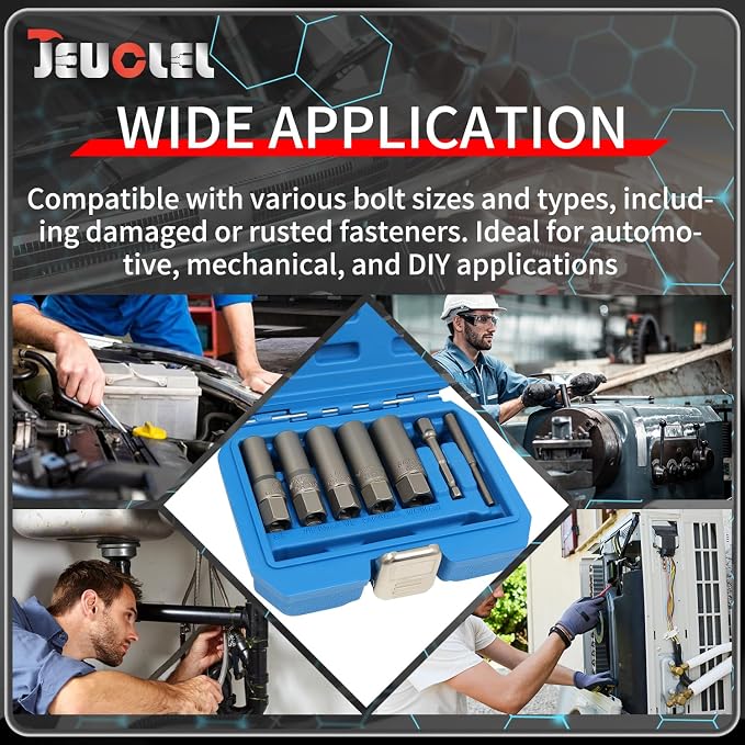 7PCS Spiral Type Deep Extractor Set, Stripped Bolt Remover Lug Nut Extractor Set, Spark Plug Easy-out Set, Lug Nut Removal Tool Set for Removing Deeply trapped and Broken Bolts, Studs.