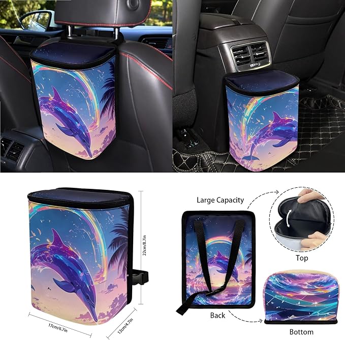 Dolphin Colorful Wave Print Car Seat Cover Full Set of 15 Steering Wheel Cover Seat Belt Strap Pad Trash Bag Air Vent Storage Holder Cup Coasters Rear View Mirror Covers Key Chain