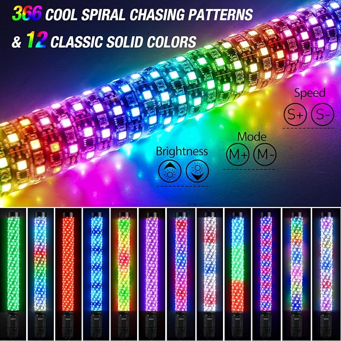 Nilight LED Fat Whip Light 1PC 2FT RGB Lighted Antenna Whips with Remote & App Control DIY Chasing Patterns Brake Reverse Lights for ATV UTV Polaris RZR Can-am Dune Buggy Pickup Trucks Jeep