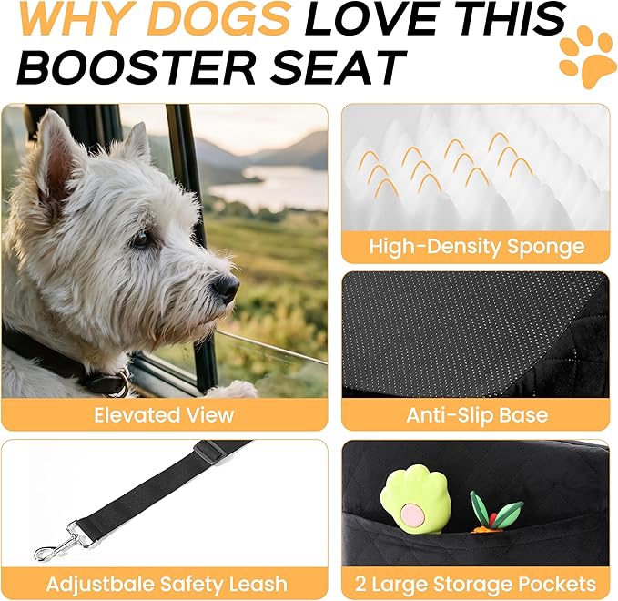 Dog Car Seat for Small Dog with Washable Mat, Memory Foam Booster Seat for Dogs Under 30lb, 6" Elevated Pet Seat with Pockets, Anti-Slip Bed for Car, Perfect for Front & Back Seats with Safety Leash