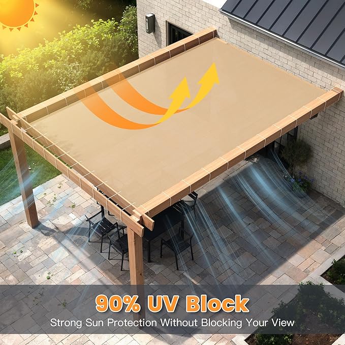 90% Sun Shade Cloth with Grommets, Customizing Outdoor Pergola Shade Cover, Heavy-Duty Mesh Tarp Patio Sun Screen for Lawn Garden Backyard, 12X14 FT, Wheat