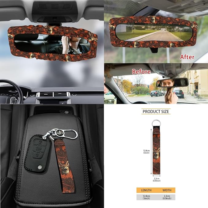 Camo Hunting Deer Print Universal Fit Car Seat Cover Set Steering Wheel Covers Seatbelt Strap Pad Trash Cans Air Vent Storage Bag Rearview Mirror Cover Cup Holder Keychain, 15 PCS