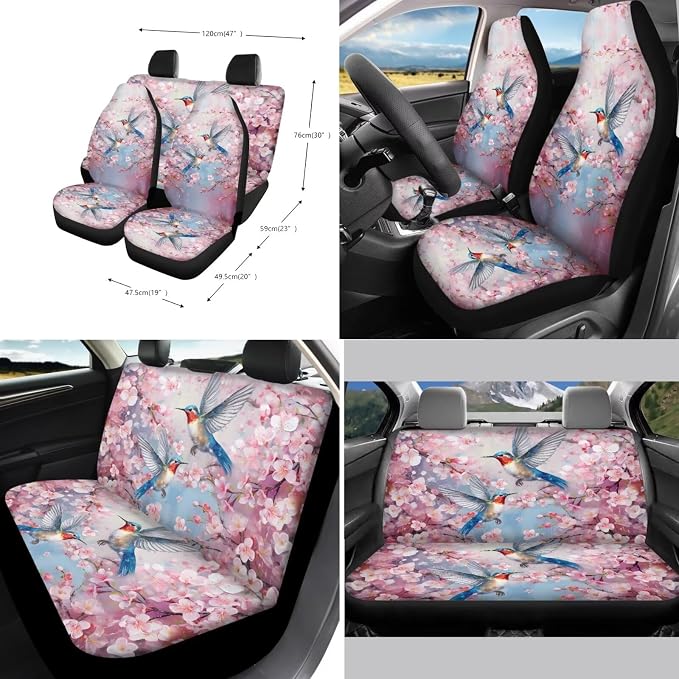 Xoenoiee Hummingbird Pink Flower Pattern 11 Pack Universal Car Seat Covers Front & Rear Car Interior Accessories with Steering Wheel Cover, Seat Belt Pads, Cup Coaster, Key Chains
