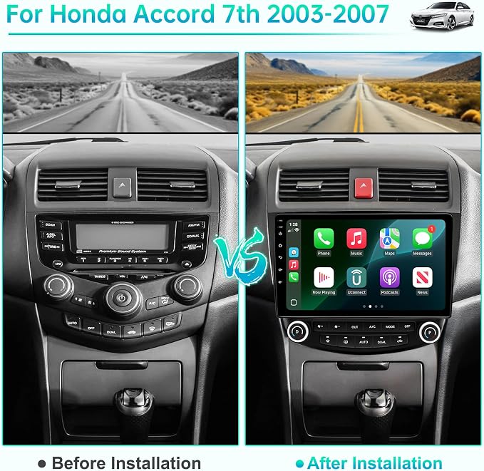Car Radio Stereo for Honda Accord 7th Gen (2003-2007) Android 14 2GB+64GB Wireless CarPlay & Android Auto, 10-Inch IPS Touchscreen, Bluetooth WiFi GPS Navi, FM/AM, Backup Camera, SWC