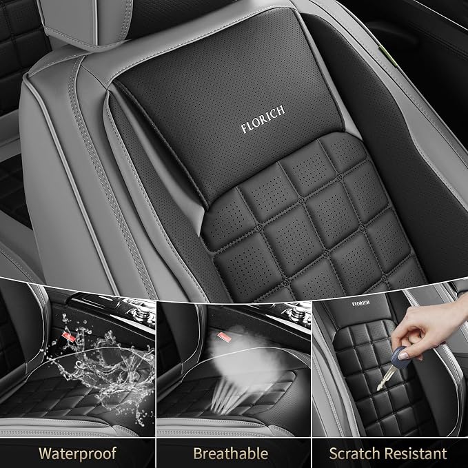 FLORICH Seat Cover, Car Seat Covers Full Set, Waterproof Leather Car Seat Protector 5 Seats, Front and Rear Seat Covers for Cars, Breathable Automotive Seat Covers Protector Fit for Most Cars Trucks