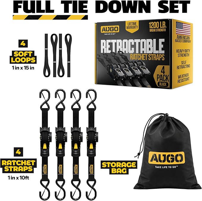 AUGO Retractable Ratchet Straps | 4 Heavy Duty Ratchet Straps Self Retractable Tie Down Straps with Soft Loops & Storage Bag for Motorcycle, Truck, Trailer, Cargo Van | 1200 Lb Break Strength 1” x 10’