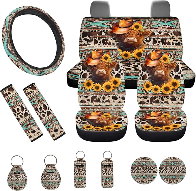 INSTANTARTS Aztec Highland Cow 13 Piece Seat Cover Set - Universal Car, Steering Wheel, Seat Belt, Coaster & Keychain Covers - Washable Auto Accessories - Sunflower Cow Tattoo